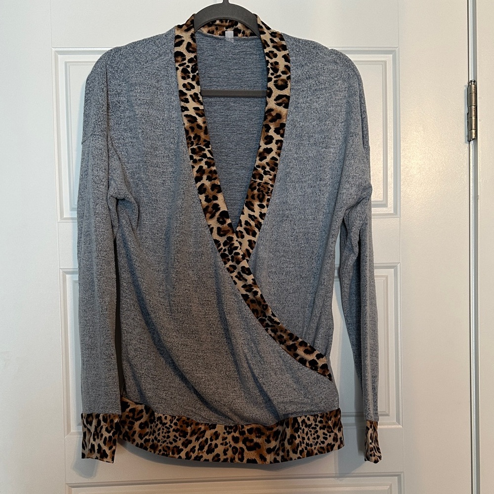 Gray Leopard Trim V-Neck Sweater